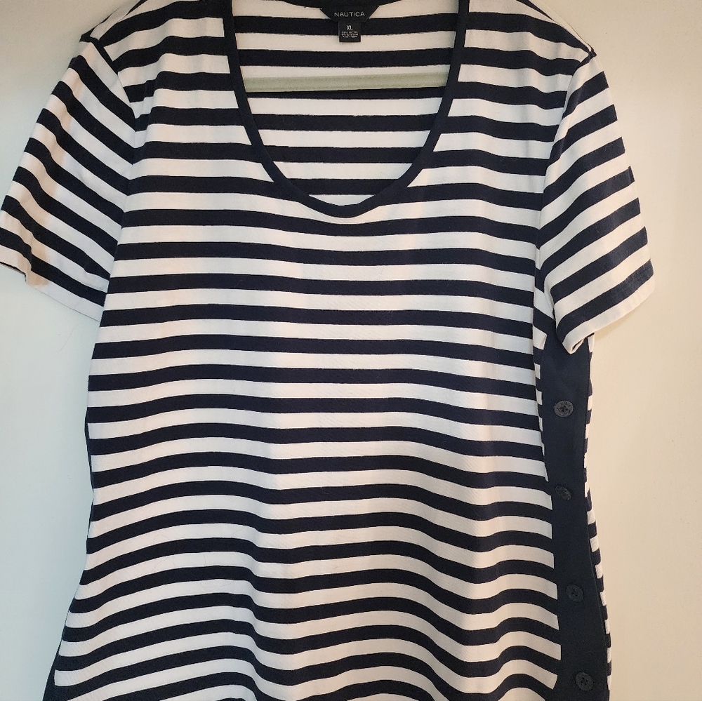 Nautica Navy & White Striped V-Neck Short Sleeve Tee with Side Button Placket